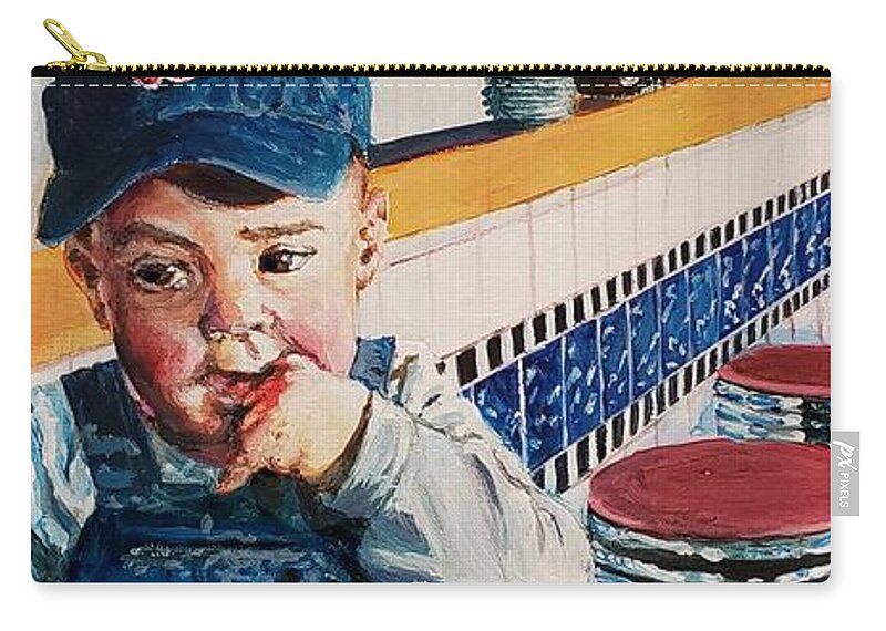 Boston Zip Pouch featuring the painting Baby Boston Baseball Booster by Merana Cadorette