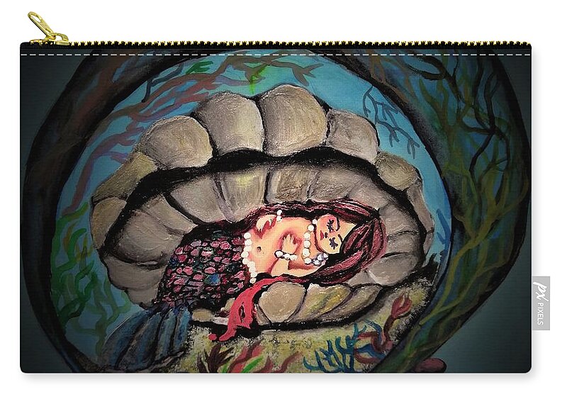 Mermaid Zip Pouch featuring the painting Baby mermaid sleeping in clam shell by Tara Krishna