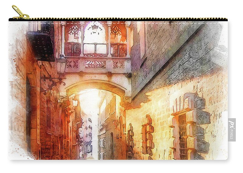 Barcelona Zip Pouch featuring the painting Barcelona, Gothic Quarter - 01 by AM FineArtPrints