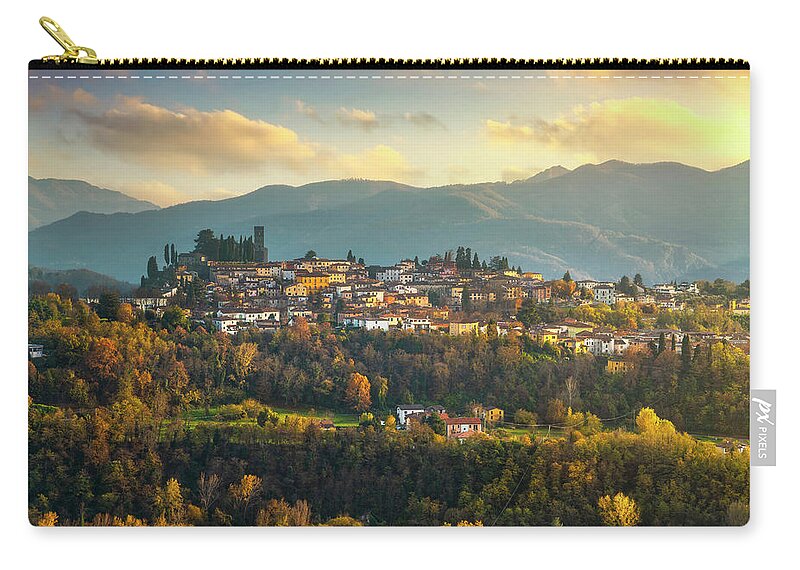 Barga Zip Pouch featuring the photograph Barga village in autumn. Garfagnana, Tuscany by Stefano Orazzini