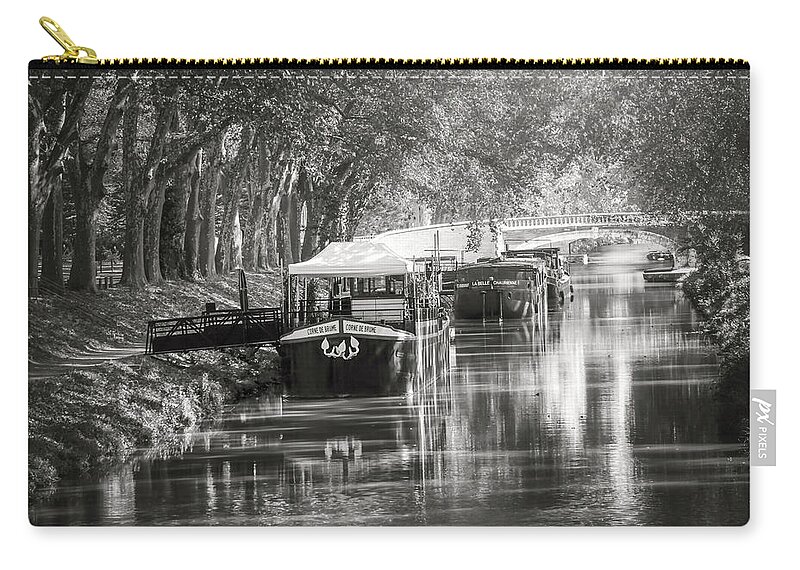 Toulouse Zip Pouch featuring the photograph Barges on Canal de Brienne Toulouse France Black and White by Carol Japp