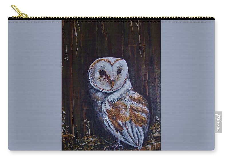 Barn Owl Brown White Zip Pouch featuring the mixed media Barn Owl by Pam Veitenheimer