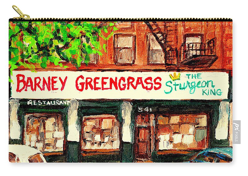 Barney Greengrass Zip Pouch featuring the painting Barney Greengrass The Sturgeon King Restaurant New York City Street Scene Painting C Spandau Artist by Carole Spandau
