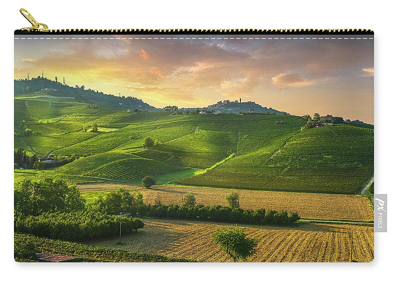 Vineyards Carry-all Pouch featuring the photograph Barolo wine vineyards and La Morra town. Langhe, Italy by Stefano Orazzini