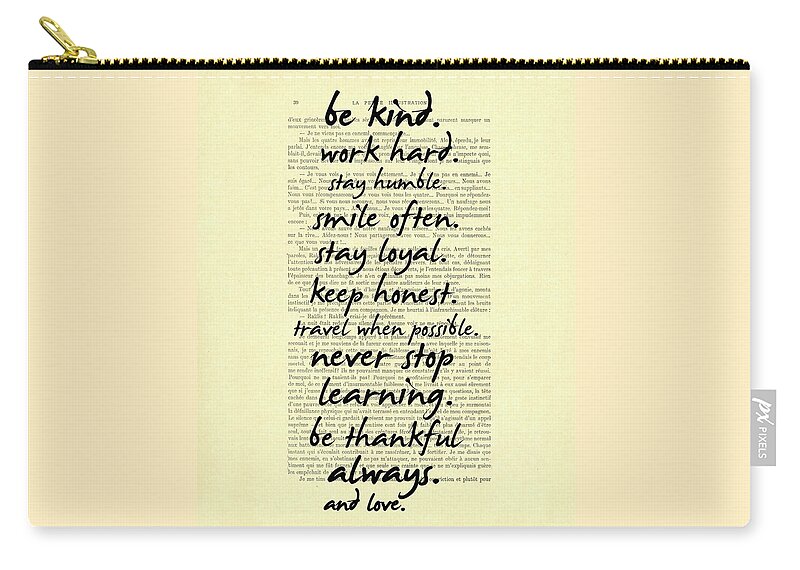 Be Kind Zip Pouch featuring the digital art Be kind work hard motivational quote on antique book page by Madame Memento