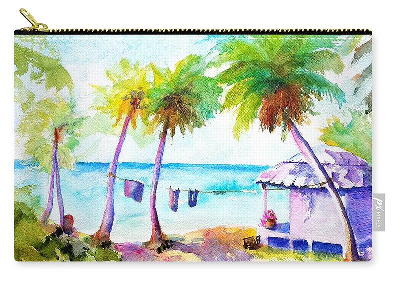 Troical Carry-all Pouch featuring the painting Beach House Tropical Paradise by Carlin Blahnik CarlinArtWatercolor