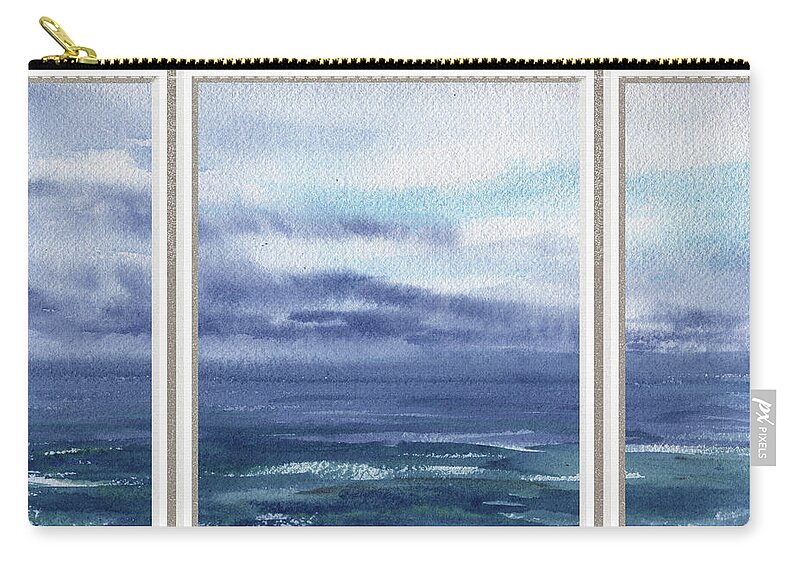 Window View Zip Pouch featuring the painting Beach House Window View Stormy Sea Shore Watercolor by Irina Sztukowski