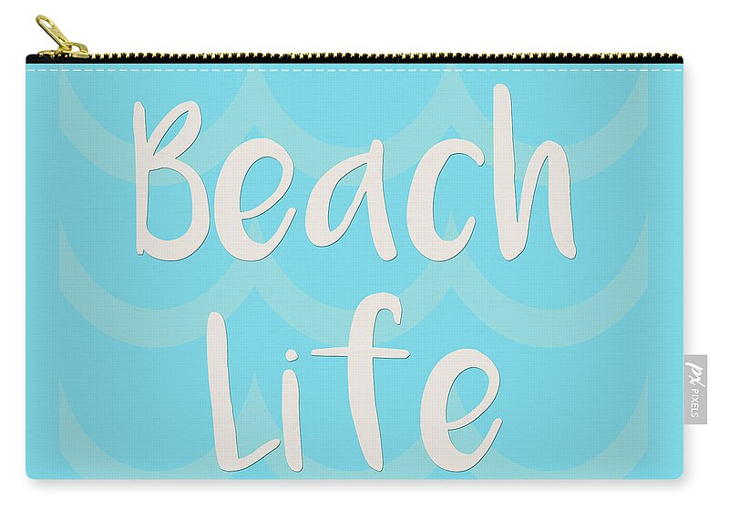 Beach Zip Pouch featuring the digital art Beach Life with Waves in Blue by Angie Tirado