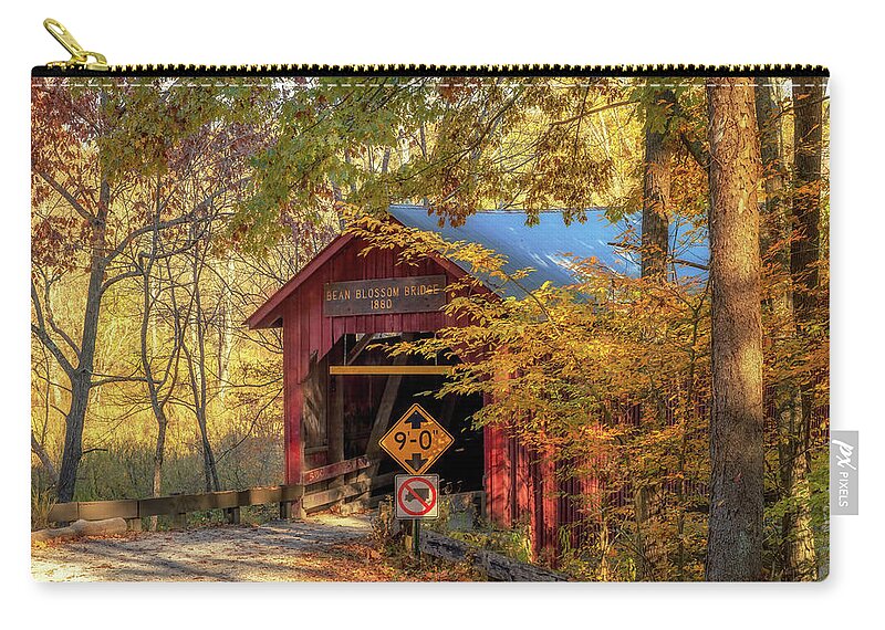 Bean Blossom Bridge Zip Pouch featuring the photograph Bean Blossom Bridge in Autumn by Susan Rissi Tregoning