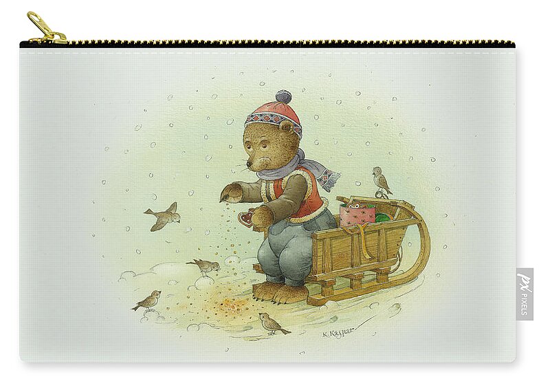 Christmas Zip Pouch featuring the painting Bear and Birds by Kestutis Kasparavicius