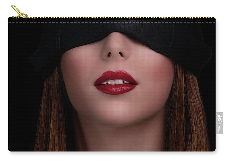 Woman Zip Pouch featuring the photograph Beautiful blindfolded woman with red lipstick by Mendelex Photography