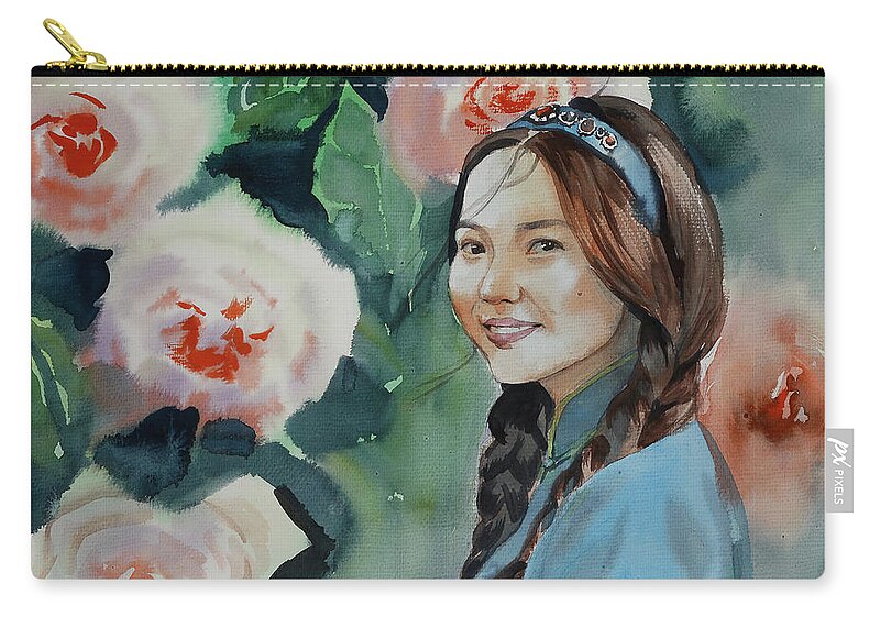 Beautiful Zip Pouch featuring the painting Beautiful Mongolian Woman by Munkhzul Bundgaa