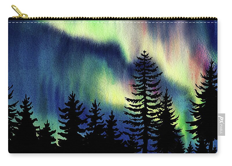 Aurora Borealis With Landscape Trees Watercolor Zip Pouch featuring the painting Beautiful Northern Aurora Borealis Lights With Forest Silhouette Watercolor Painting VI by Irina Sztukowski