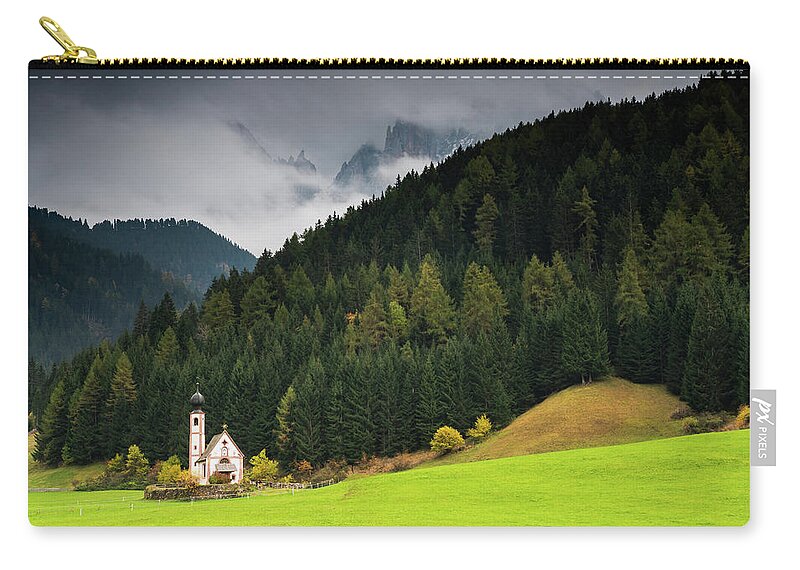 Dolomite Mountains Carry-all Pouch featuring the photograph Beautiful small Alpine church in Italy. by Michalakis Ppalis