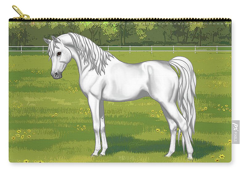 Horses Zip Pouch featuring the painting Beautiful White Gray Arabian Horse In Summer Pasture by Crista Forest