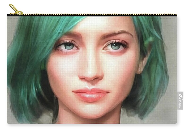 Woman Zip Pouch featuring the digital art Beautiful Woman with Green Hair Portrait 01 by Matthias Hauser