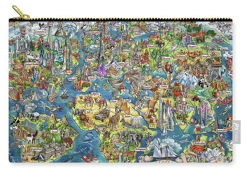 World Illustrated Map Carry-all Pouch featuring the digital art Beautiful World - Map Illustration by Maria Rabinky