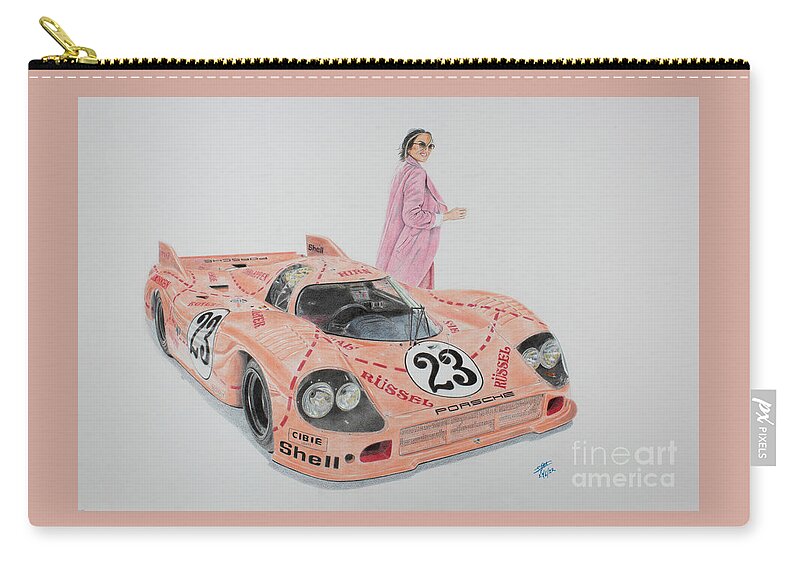 Porsche Zip Pouch featuring the drawing Beauty and the beast - Pink pig 917 by Lorenzo Benetton