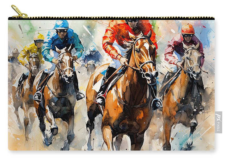 Horse Racing Zip Pouch featuring the painting Beauty of the Race - Horse Racing Artwork by Lourry Legarde