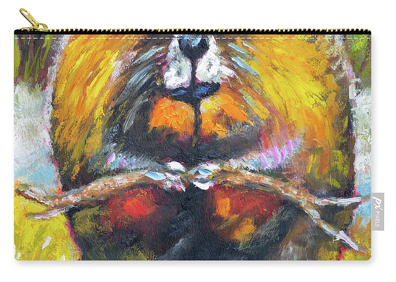 Beaver Zip Pouch featuring the painting Beaver by Mike Bergen
