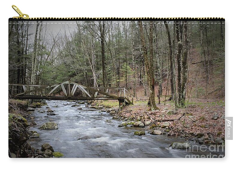 Waterfall Zip Pouch featuring the photograph Bee Brook Bridge by Leslie M Browning