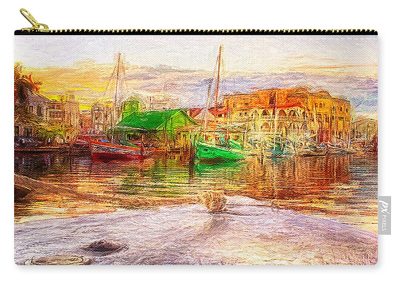 Belize Zip Pouch featuring the mixed media Belize City Harbor at sunset by Tatiana Travelways