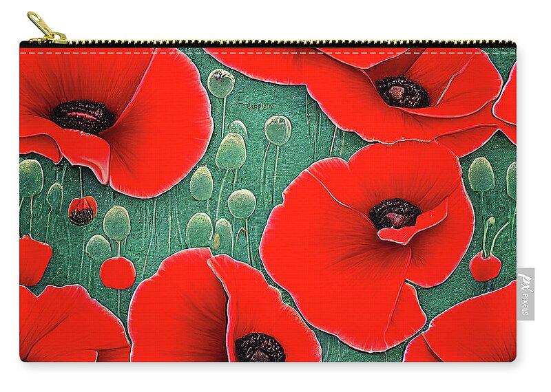  Corn Poppy Flower Zip Pouch featuring the painting Bella Fresca Poppies Red Poppy - The whole world is a garden if you look at it correctly. by OLena Art by Lena Owens - Vibrant DESIGN