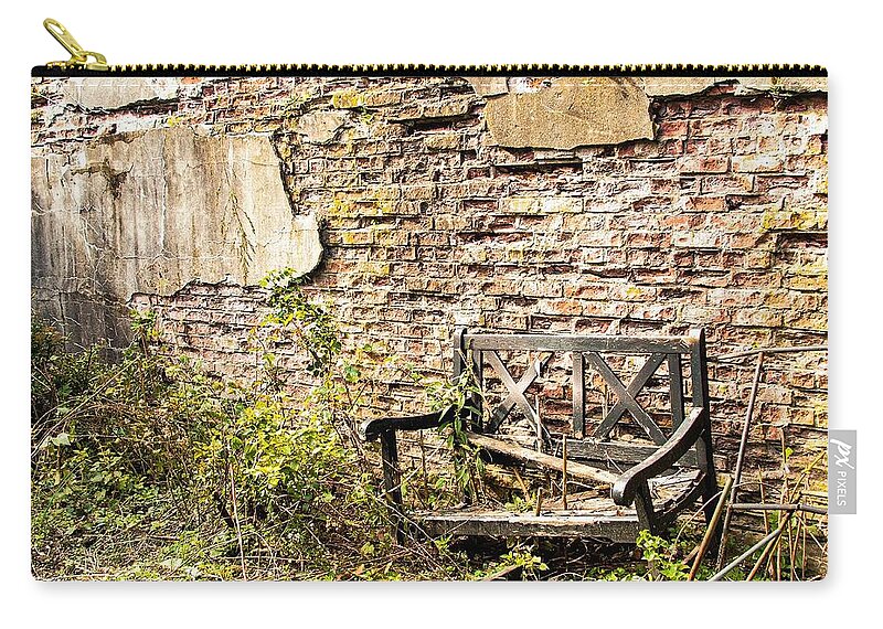 Bench Wall Wood Old Zip Pouch featuring the photograph Bench Wall 1 by John Linnemeyer