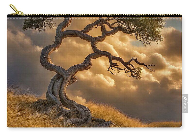 Twisted Tree Zip Pouch featuring the digital art Bend and Bloom - Unique Tree in the Dusk Light by Russ Harris
