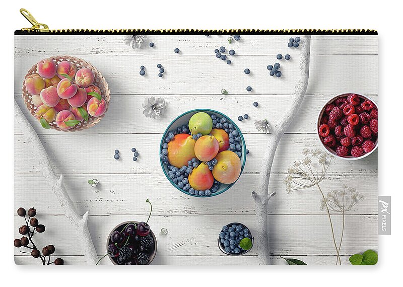 Fruit Zip Pouch featuring the photograph Berries Fruit Flowers Leaves Branches On White Wood by Johanna Hurmerinta