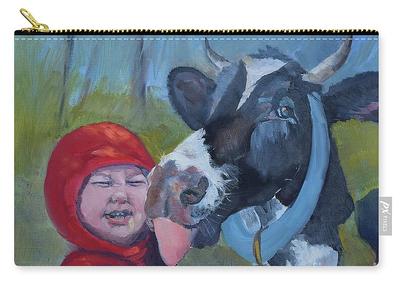 The Adventures Of Bessie And Bo Zip Pouch featuring the painting Bessie loves Bo - Cow Licks Boy by Jan Dappen