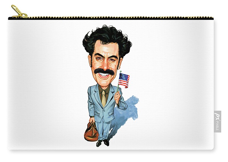 Sacha Baron Cohen Zip Pouch featuring the drawing Best of Sacha Baron Cohen art by Carlynne Rofe