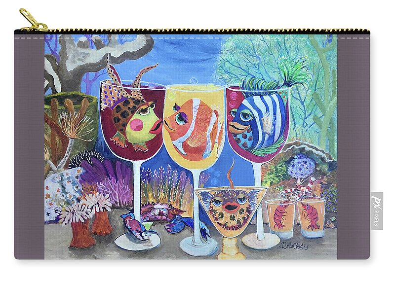 Bestfins Zip Pouch featuring the painting BestFins Happy Hour at the Reef Bar by Linda Kegley