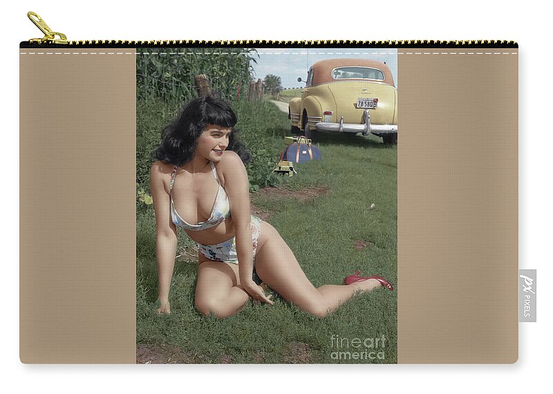 Pinup Carry-all Pouch featuring the digital art Bettie Page in the cornfield by Franchi Torres