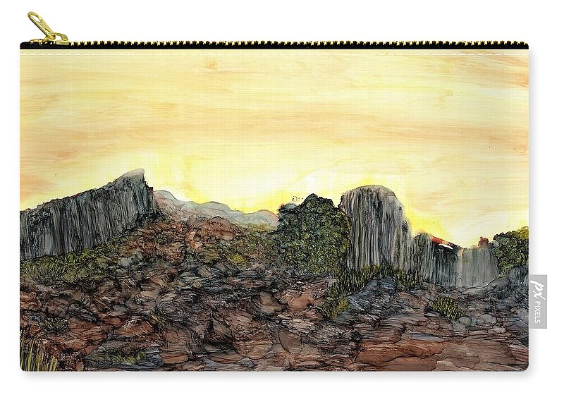 Rock Carry-all Pouch featuring the painting Between a rock and an arroyo by Angela Marinari