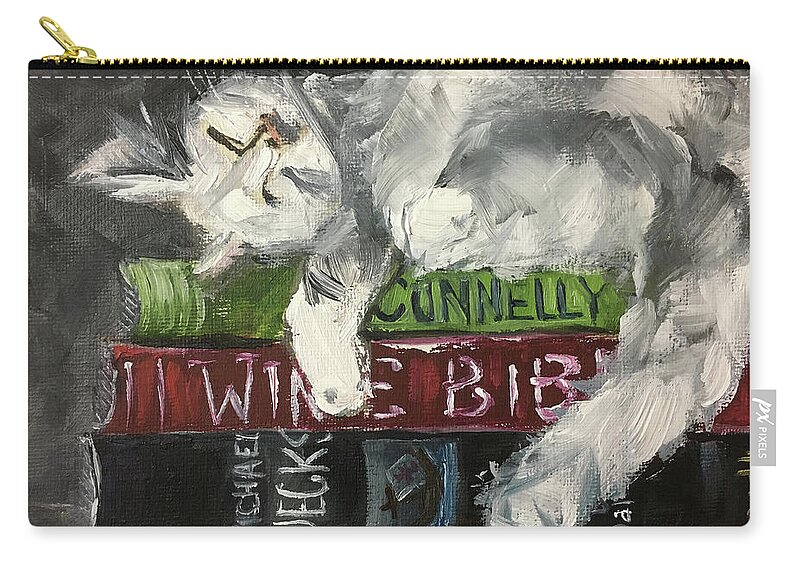 Sleepy Cat Zip Pouch featuring the painting Biblio Cat by Roxy Rich