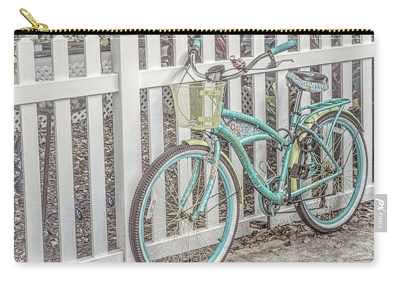 Clouds Zip Pouch featuring the photograph Bicycle at the Garden Fence in Cool Cottage Colors by Debra and Dave Vanderlaan