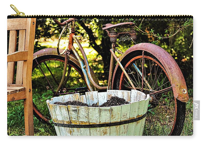 Bench Bicycle Carry-all Pouch featuring the photograph Bicycle Bench1 by John Linnemeyer