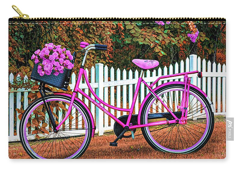 Carolina Zip Pouch featuring the photograph Bicycle by the Garden Fence Early Autumn by Debra and Dave Vanderlaan