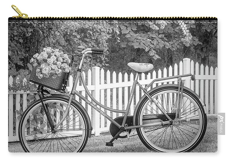 Carolina Zip Pouch featuring the photograph Bicycle by the Garden Fence II Black and White by Debra and Dave Vanderlaan