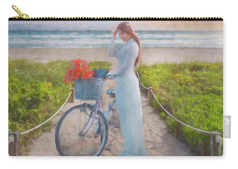 Beach Zip Pouch featuring the photograph Bicycle on the Beach Trail Watercolor Painting by Debra and Dave Vanderlaan