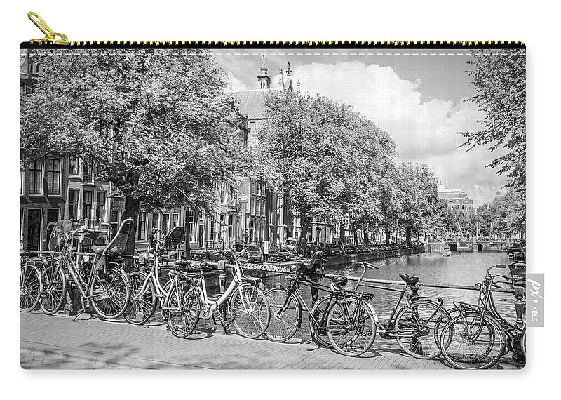 Amsterdam Zip Pouch featuring the photograph Bicycles Along the Canals in Black and White by Debra and Dave Vanderlaan