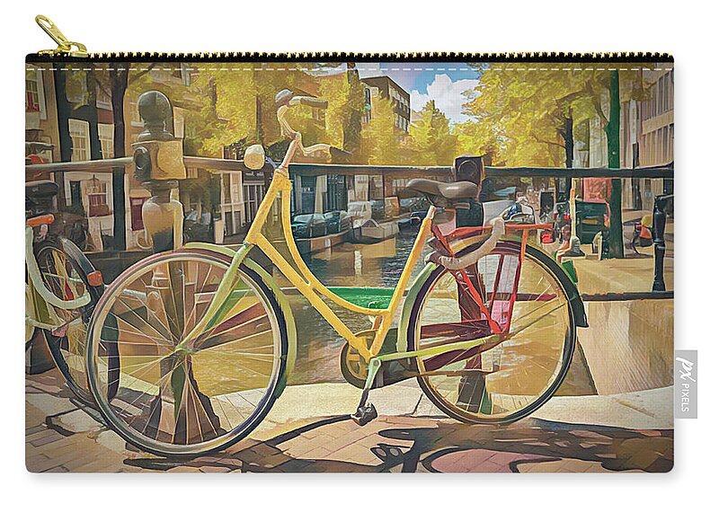 Boats Zip Pouch featuring the photograph Bicycles on the Canals Abstract Painting by Debra and Dave Vanderlaan