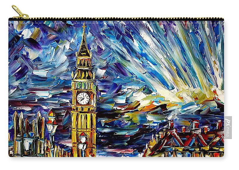 London In The Evening Zip Pouch featuring the painting Big Ben by Mirek Kuzniar