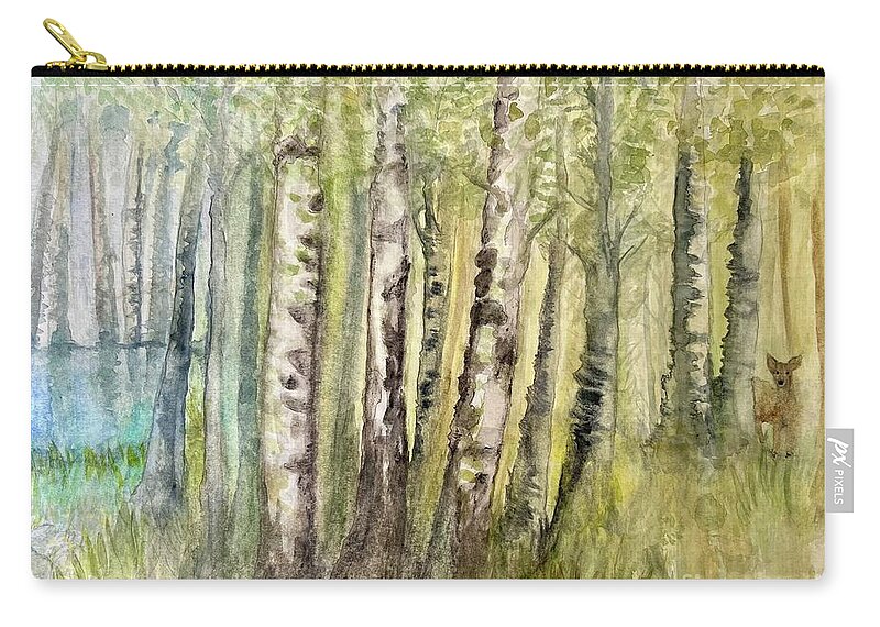 Birch Trees Zip Pouch featuring the painting Birch Forest Visitor by Deb Stroh-Larson
