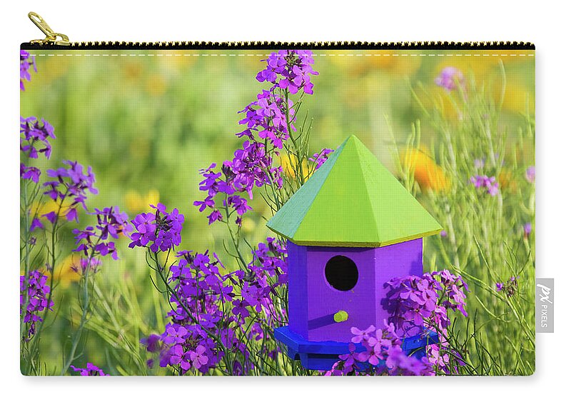 Purple;green;yellow;spring Zip Pouch featuring the photograph Bird house and Wildflowers by Eggers Photography