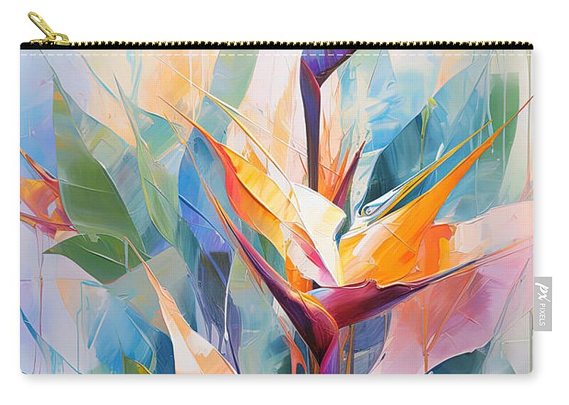 Bird Of Paradise Art Zip Pouch featuring the painting Bird of Paradise Dances in Lush Botanical Tapestry by Lourry Legarde