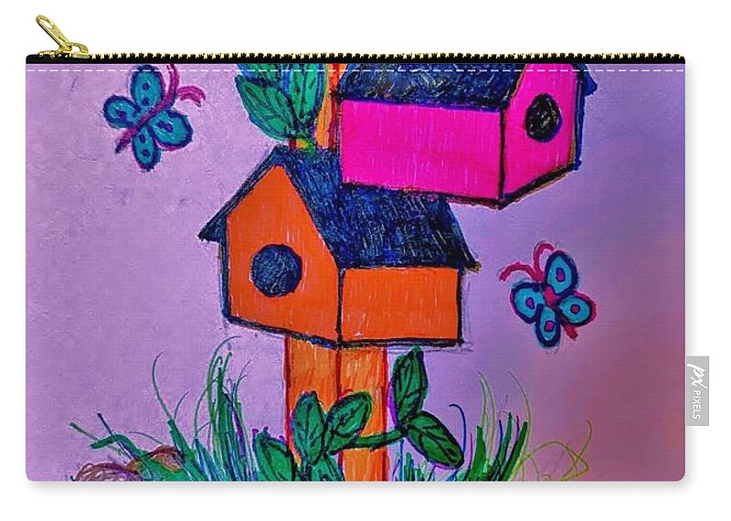 Colorful Zip Pouch featuring the drawing Birdhouses with Butterflies by Christy Saunders Church