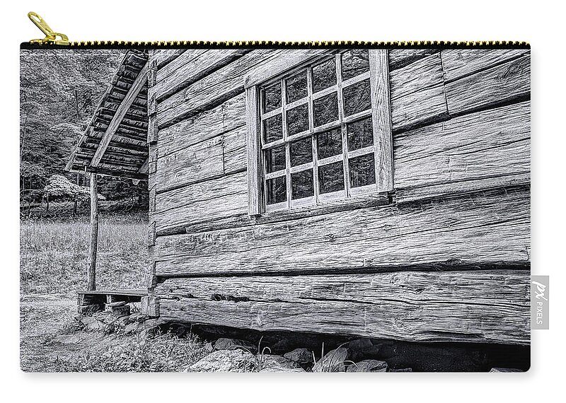 Smokies Zip Pouch featuring the photograph Black and White Cabin in the Forest by Kay Brewer