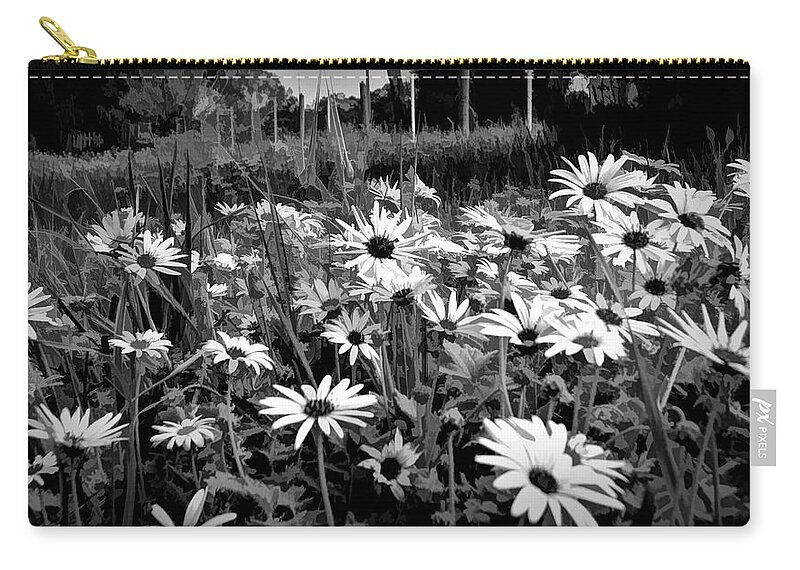 Black And White Zip Pouch featuring the mixed media Black And White Carpet Of Wild Field Daisies by Joan Stratton